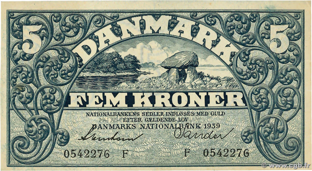 5 Kroner DENMARK  1939 P.030b AU+