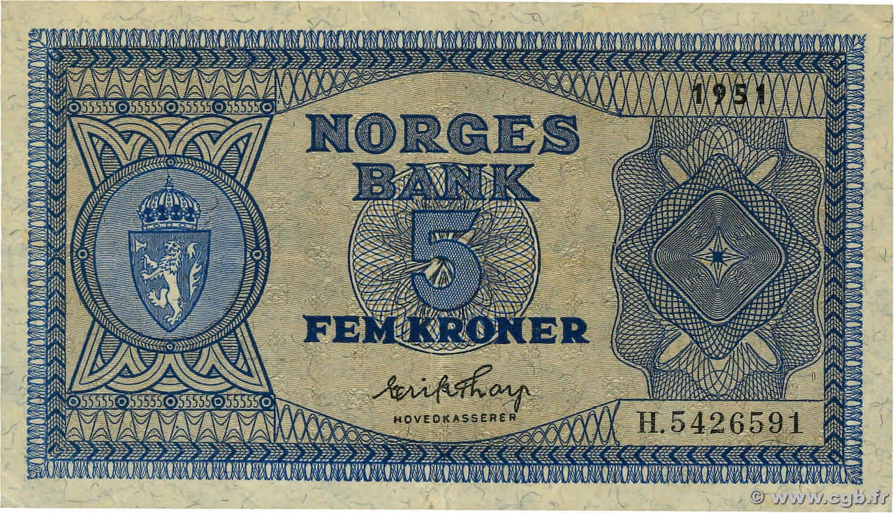5 Kroner NORVÈGE  1951 P.25d TTB+