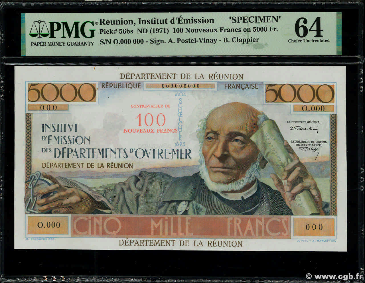 100 NF sur 5000 Francs Schoelcher Épreuve REUNION  1971 P.56bs UNC-