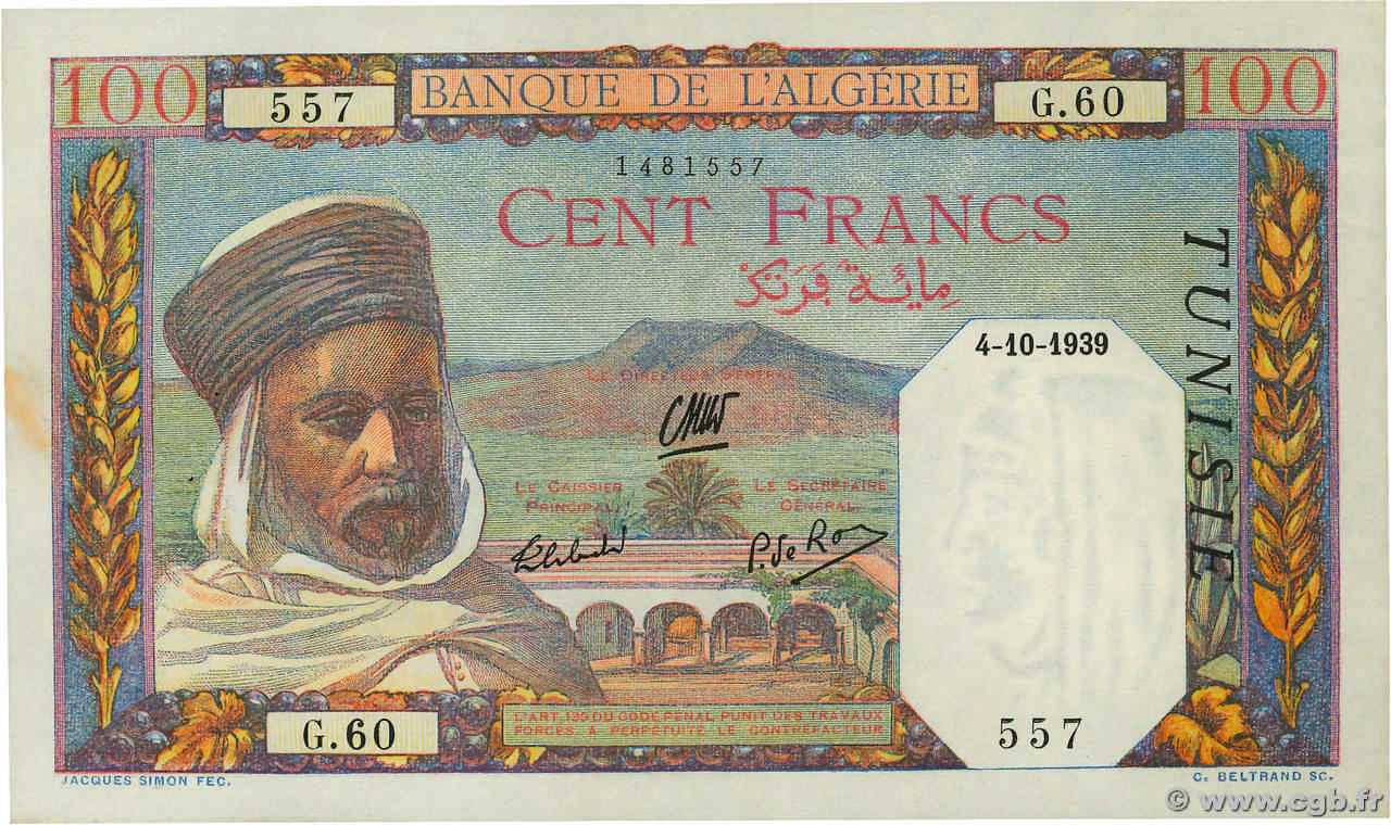 100 Francs TUNISIA  1939 P.13a VF+