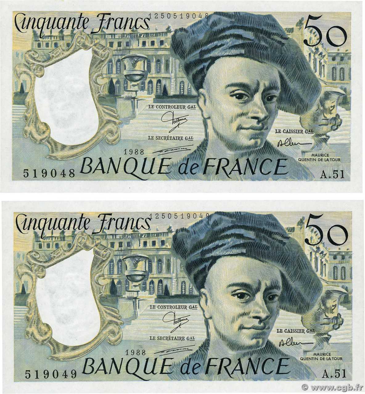 50 Francs QUENTIN DE LA TOUR Consécutifs FRANCIA  1988 F.67.14 q.FDC