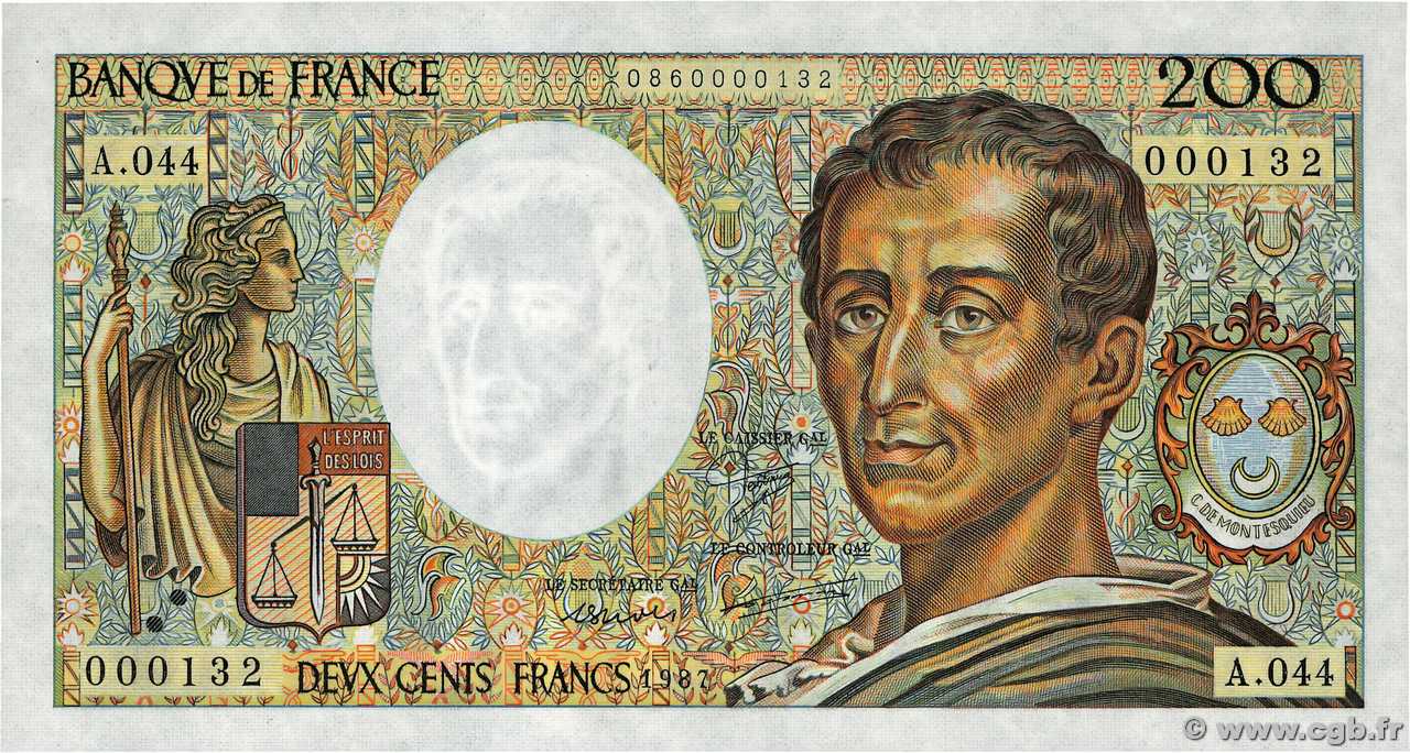 200 Francs MONTESQUIEU Petit numéro FRANCE  1987 F.70.07A44 UNC-
