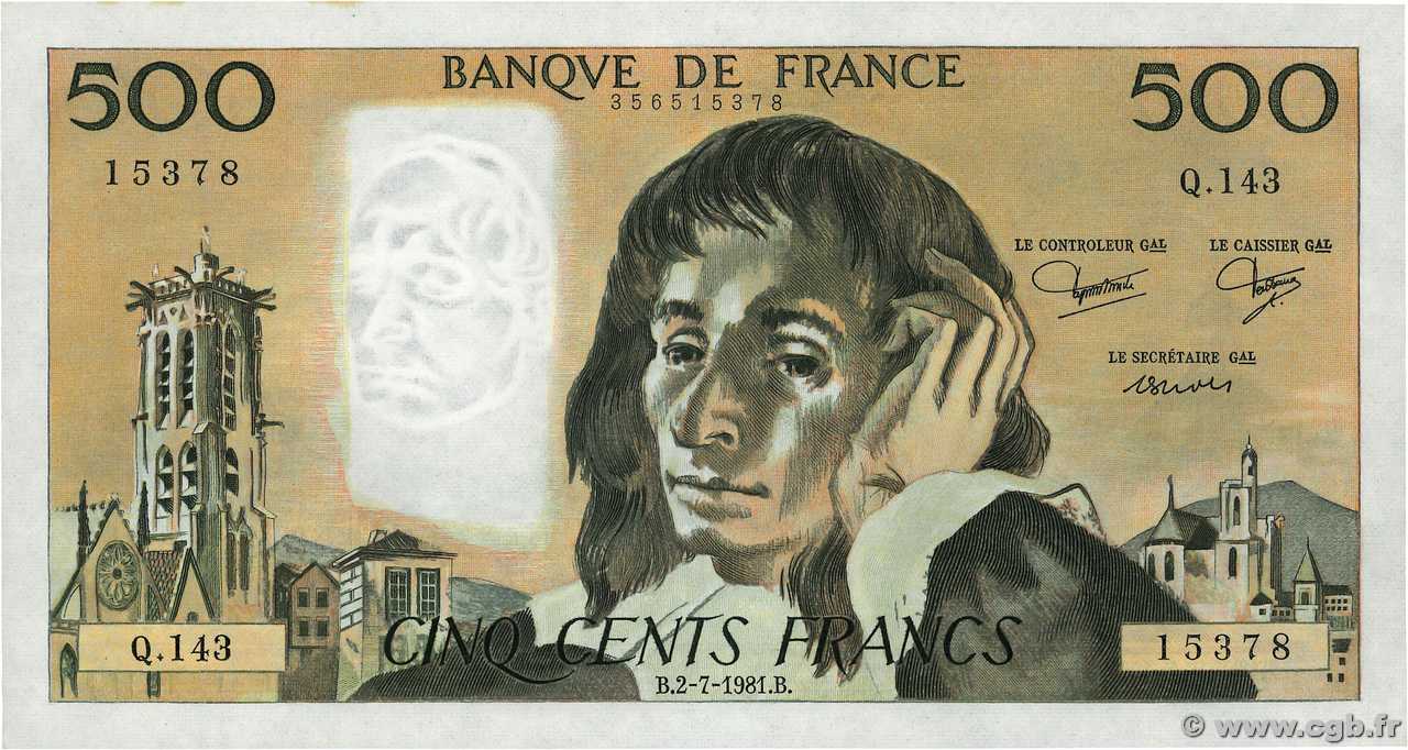 500 Francs PASCAL FRANCE  1981 F.71.25 UNC-