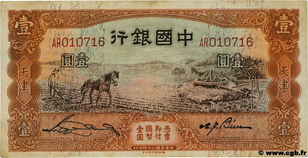 1 Yüan REPUBBLICA POPOLARE CINESE Tientsin 1935 P.0076 BB