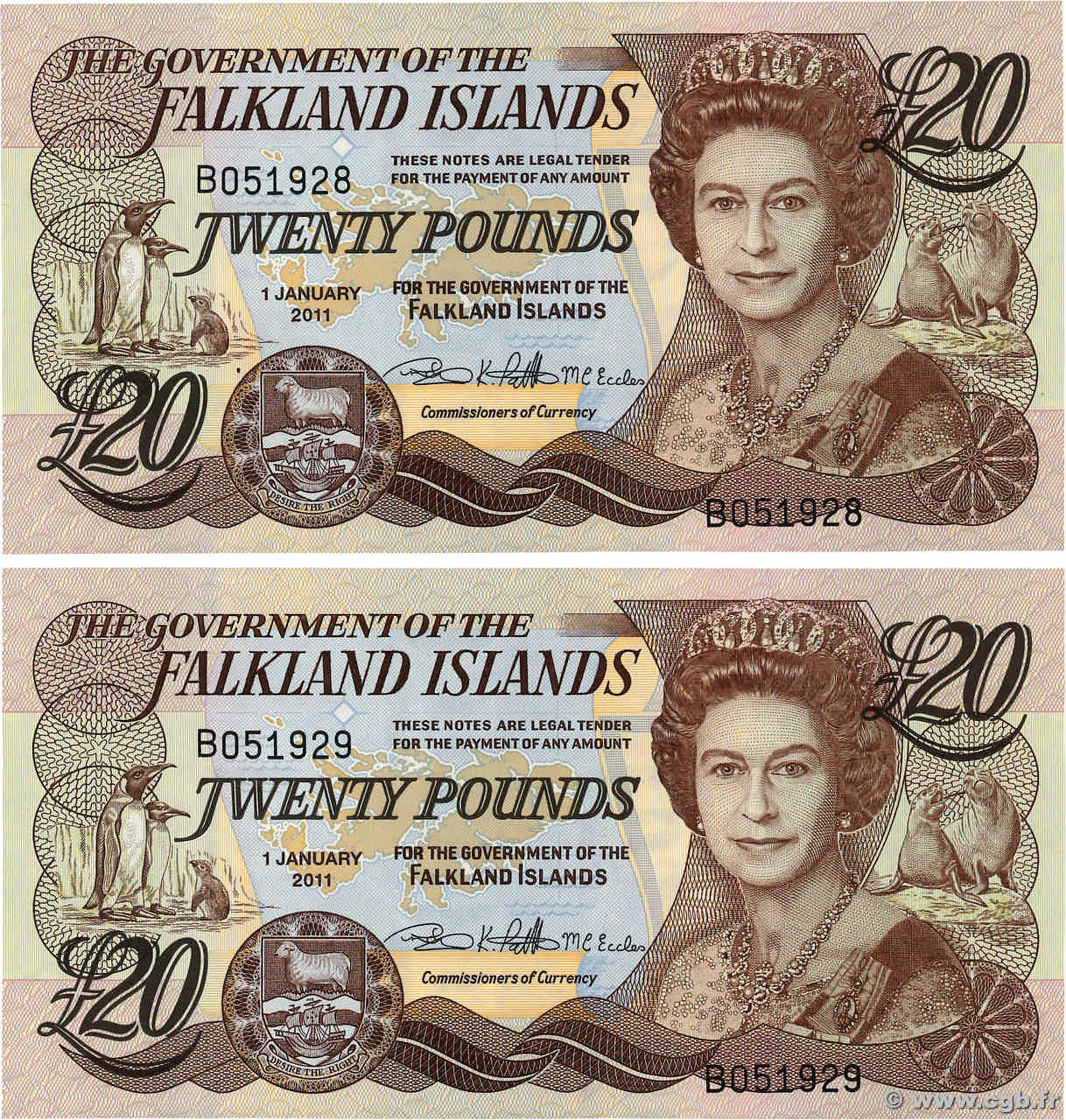20 Pounds Consécutifs FALKLAND ISLANDS  2011 P.19 AU+