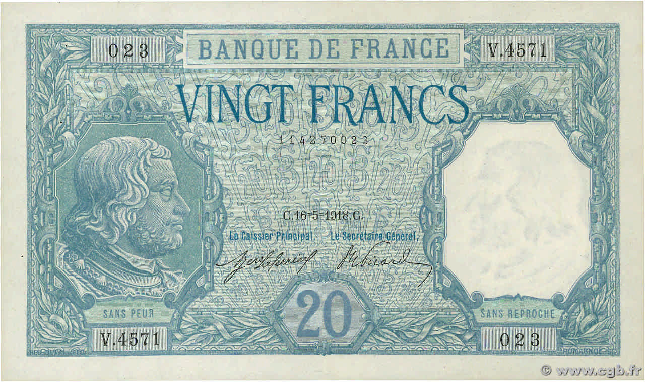 20 Francs BAYARD FRANCE  1918 F.11.03 XF-