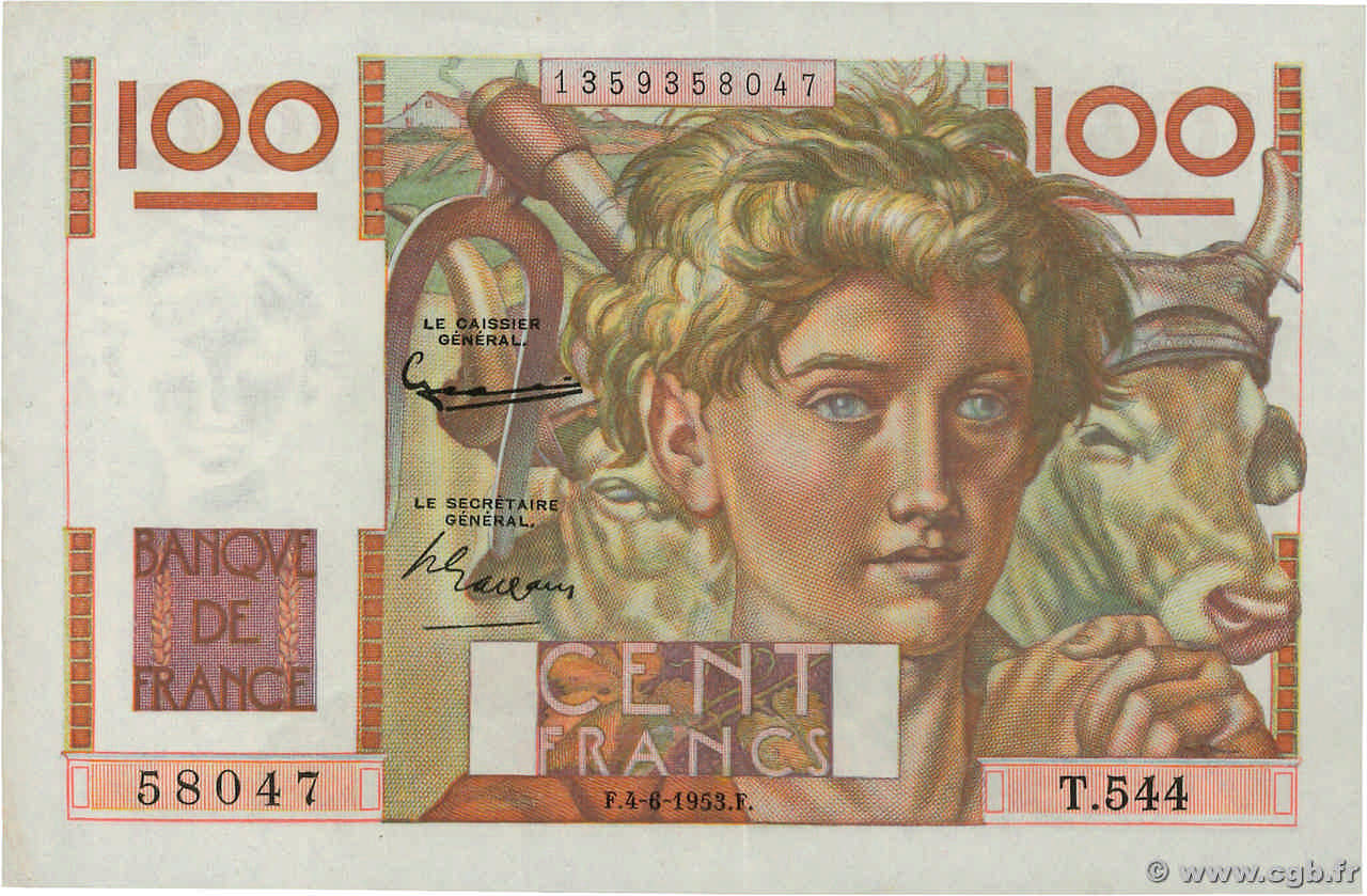 100 Francs JEUNE PAYSAN FRANCIA  1953 F.28.37 EBC