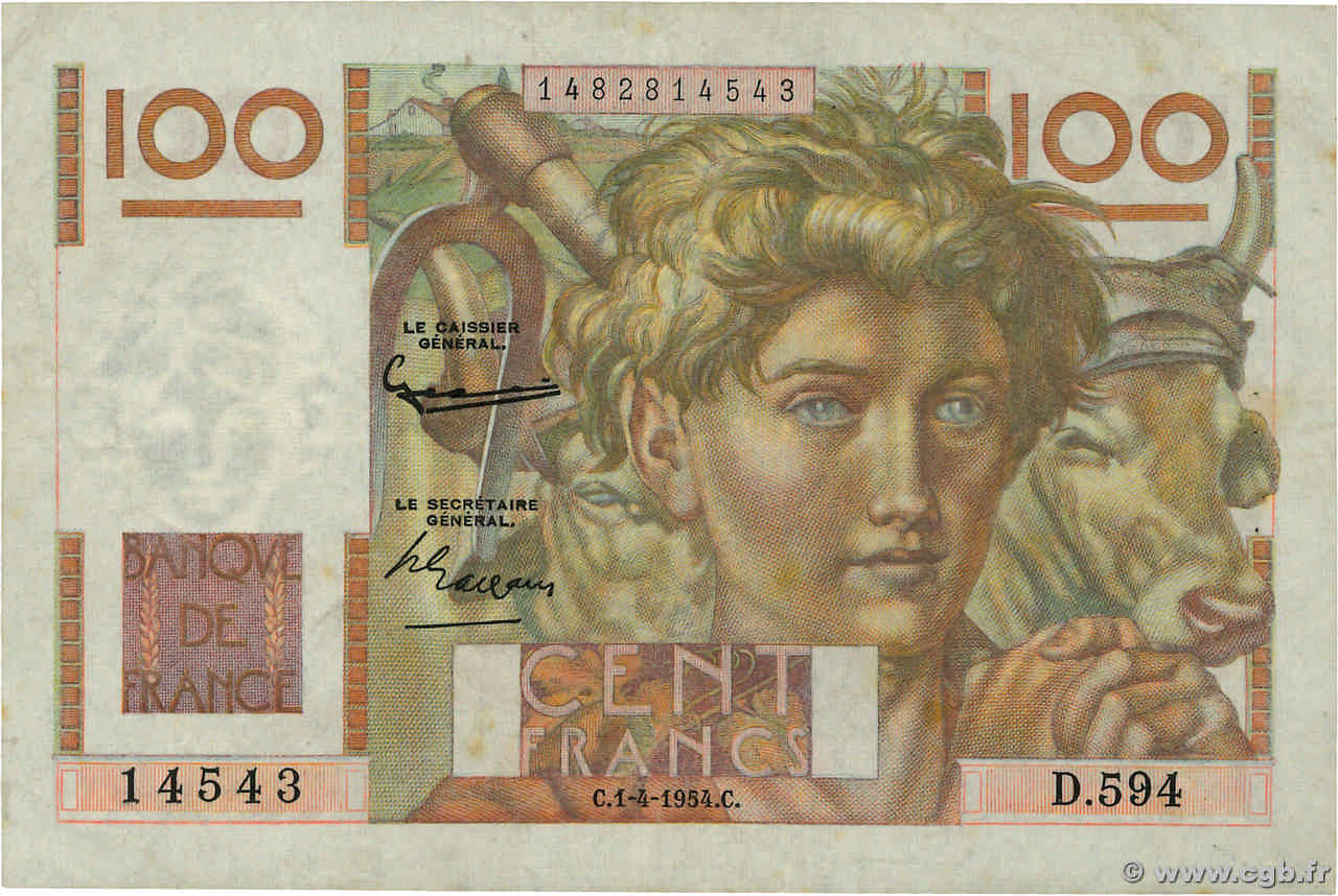 100 Francs JEUNE PAYSAN filigrane inversé FRANCE  1954 F.28bis.06 TB