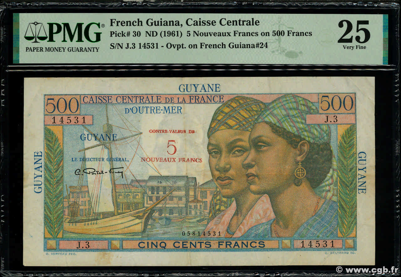 5 NF sur 500 Francs Pointe à Pitre GUYANE  1960 P.30 TTB
