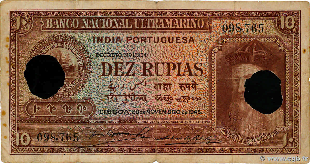 10 Rupias Annulé PORTUGUESE INDIA  1945 P.36  VG