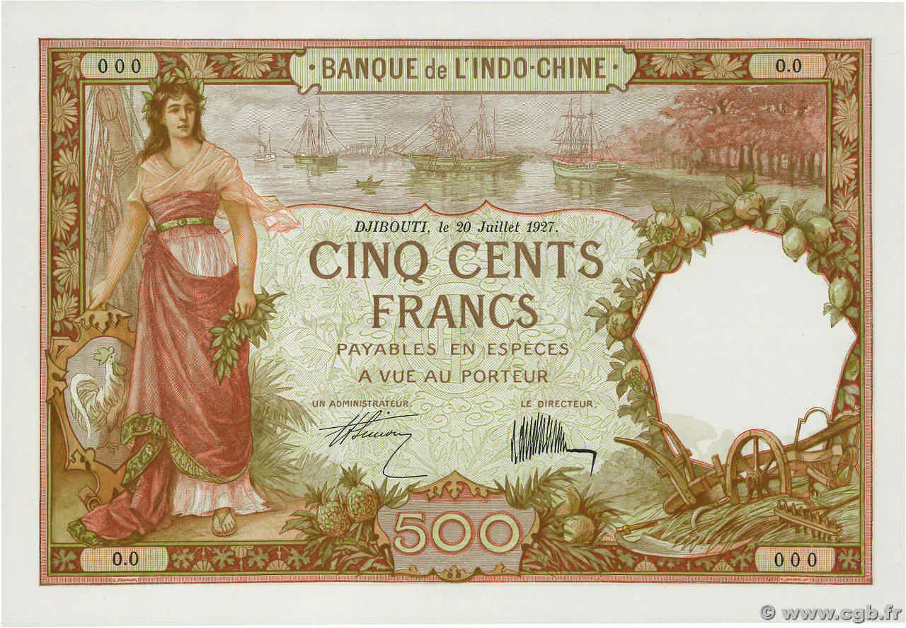 500 Francs Épreuve DJIBOUTI  1927 P.09as UNC-