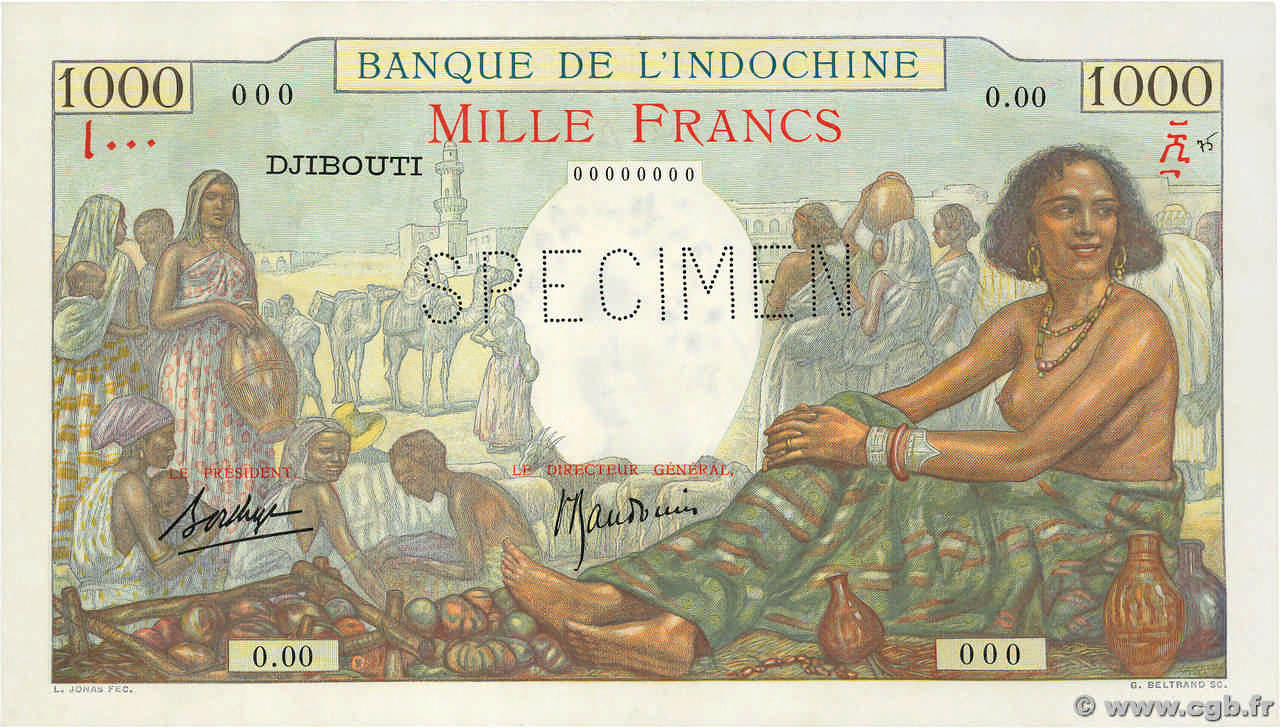 1000 Francs Spécimen DJIBOUTI  1938 P.10s pr.NEUF