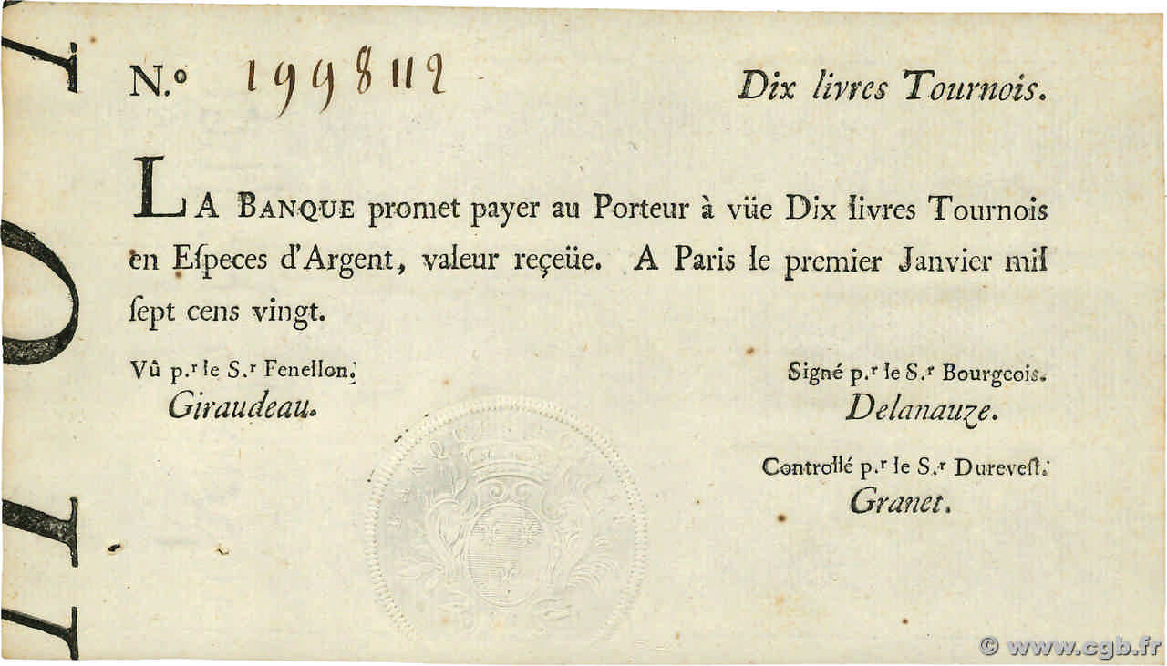 10 Livres Tournois typographié FRANCIA  1720 Dor.21 EBC+