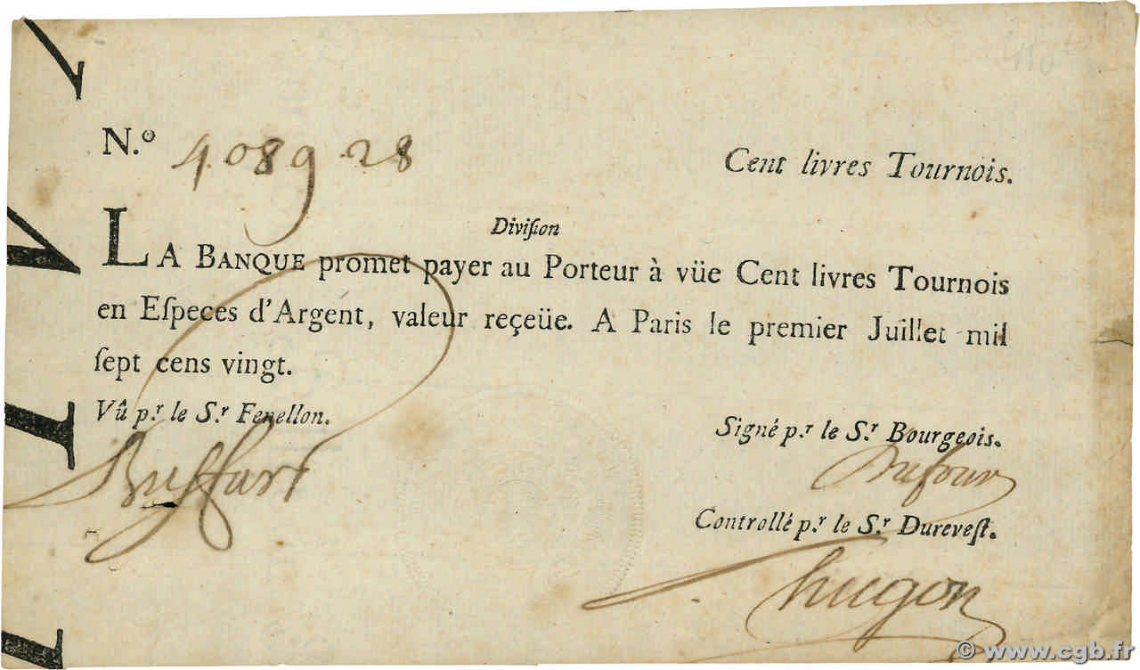 100 Livres Tournois typographié FRANCE  1720 Dor.27 VF+