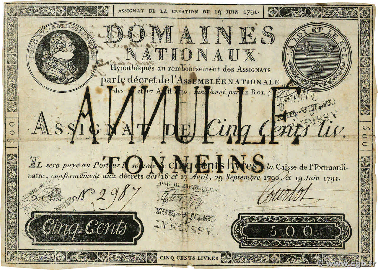 500 Livres Faux FRANCE  1791 Ass.16f VG