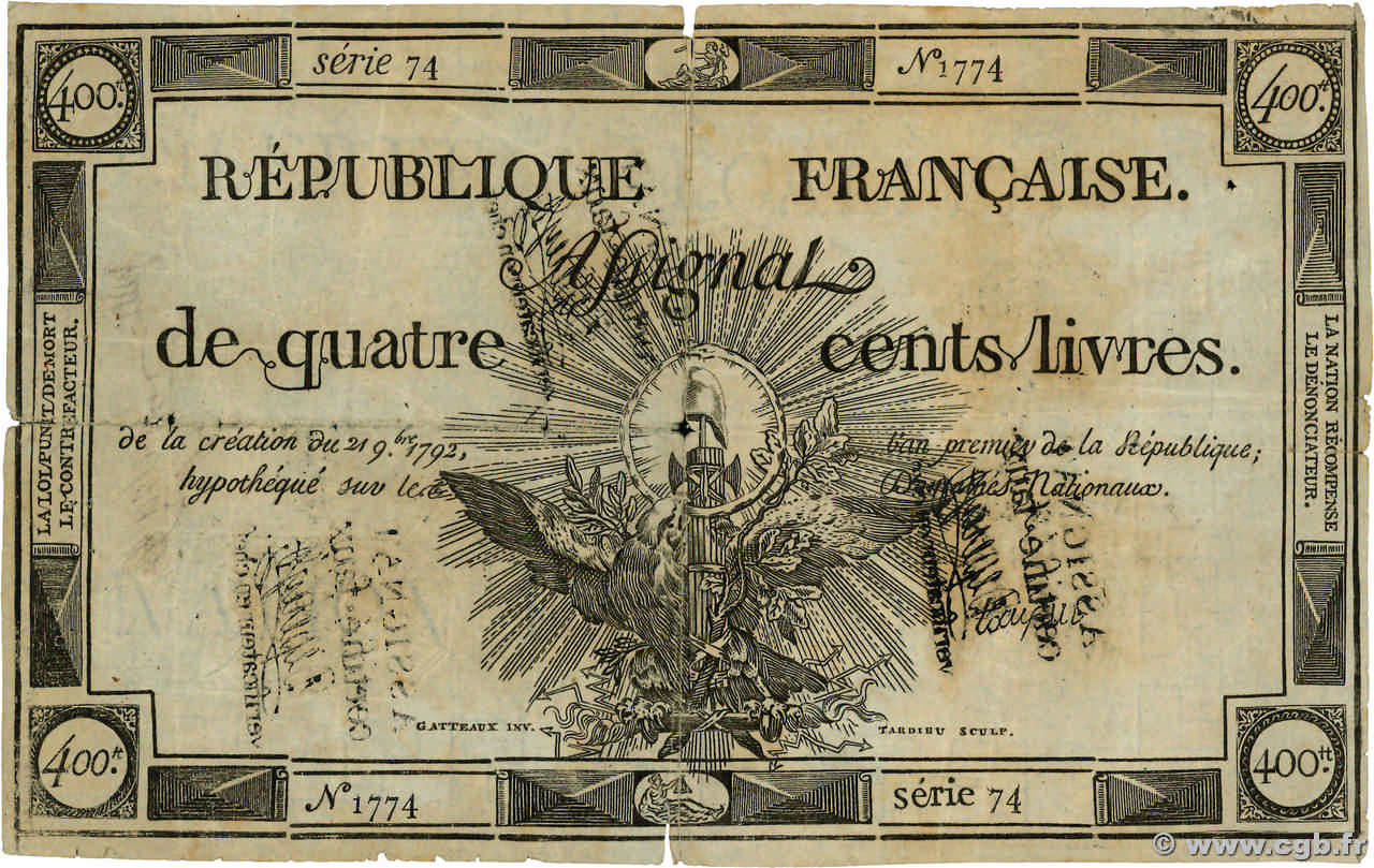 400 Livres Faux FRANCE  1792 Ass.38x pr.TTB