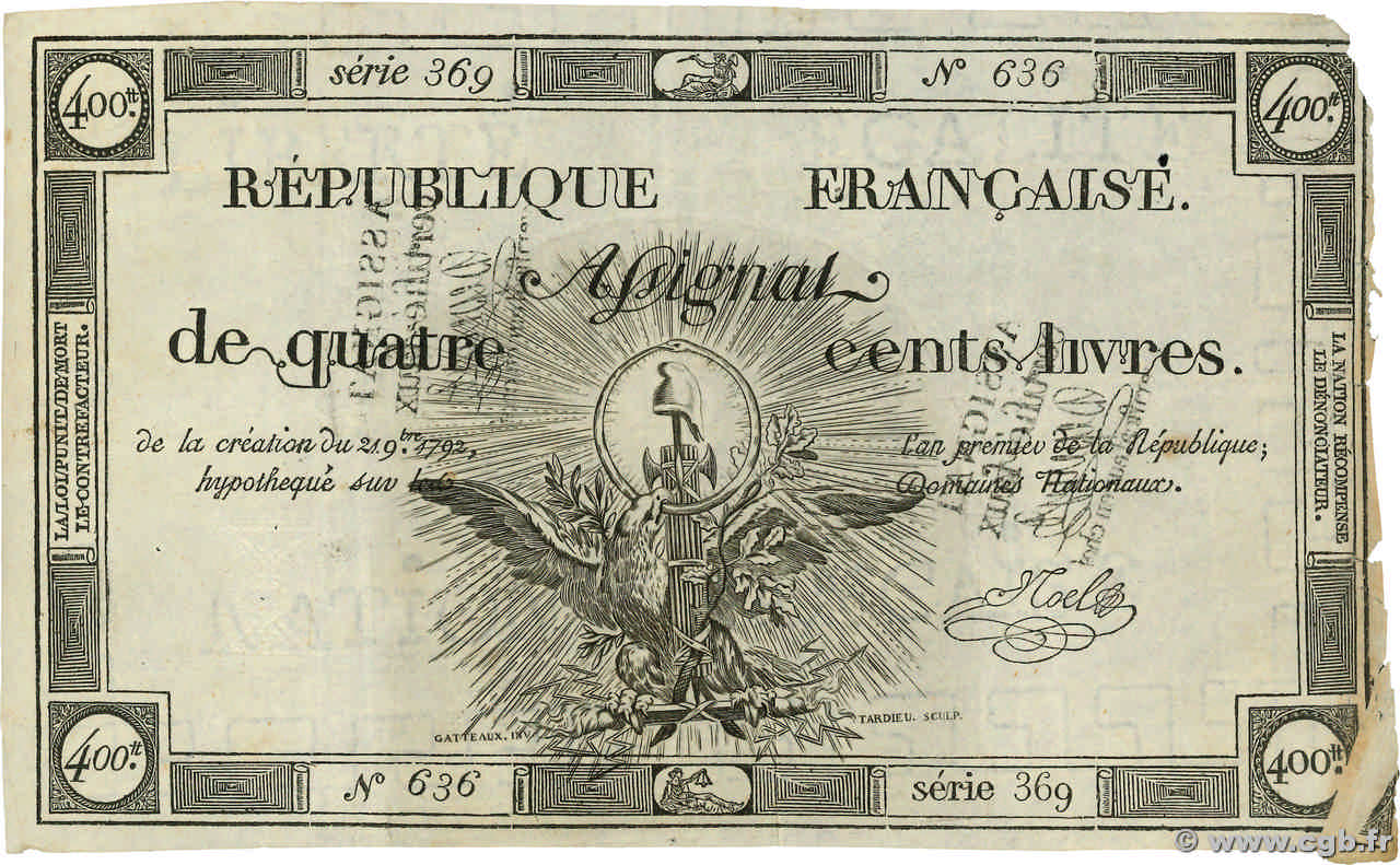 400 Livres Faux FRANCE  1792 Ass.38x VF+