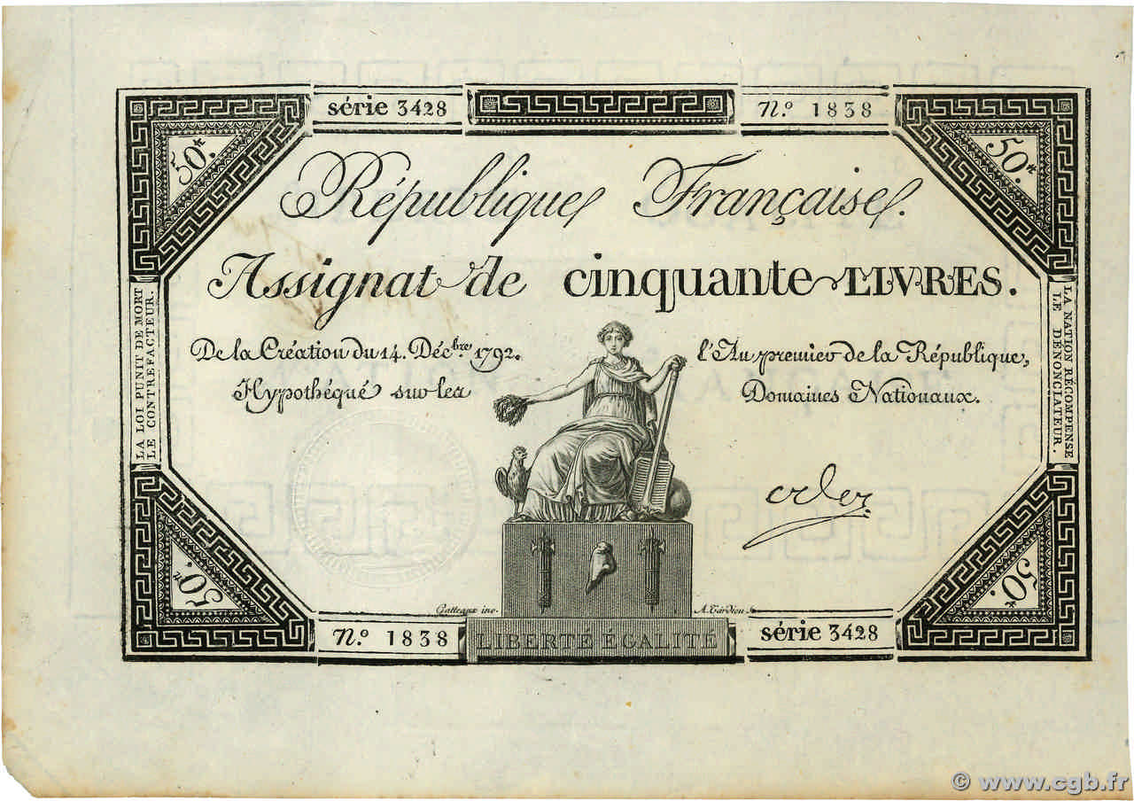 50 Livres FRANCE  1792 Ass.39a AU+