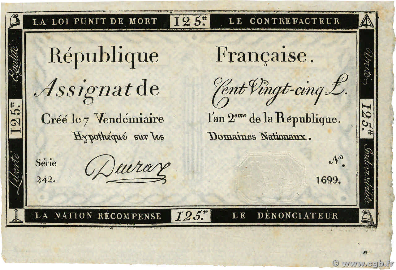 125 Livres FRANCE  1793 Ass.44a XF+