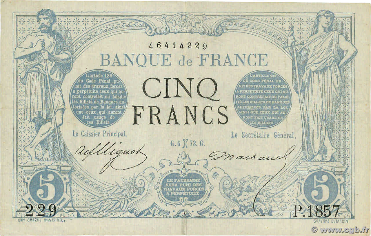 5 Francs NOIR FRANCE  1873 F.01.15 F+