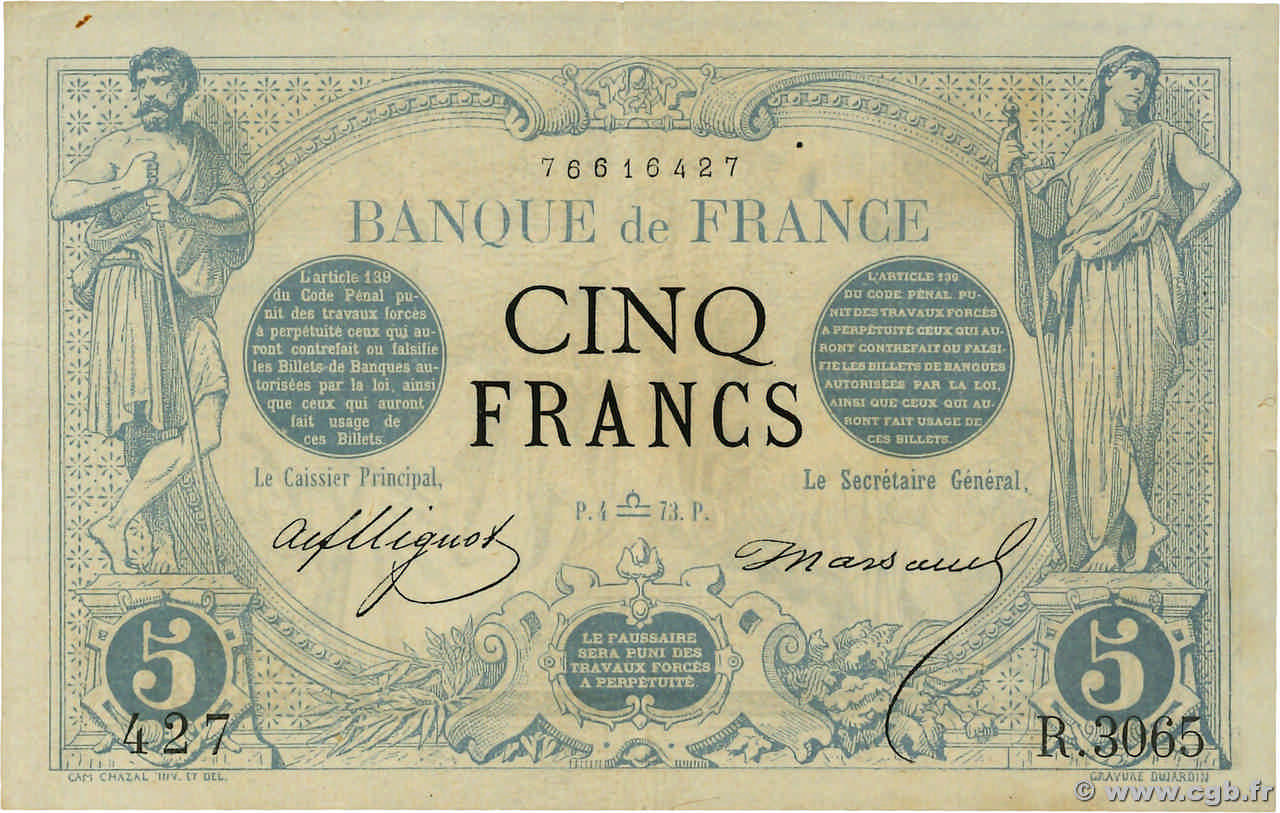 5 Francs NOIR FRANCE  1873 F.01.22 XF+