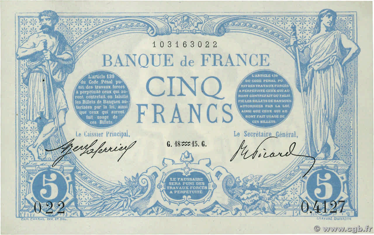 5 Francs BLEU FRANCIA  1915 F.02.23 SPL+