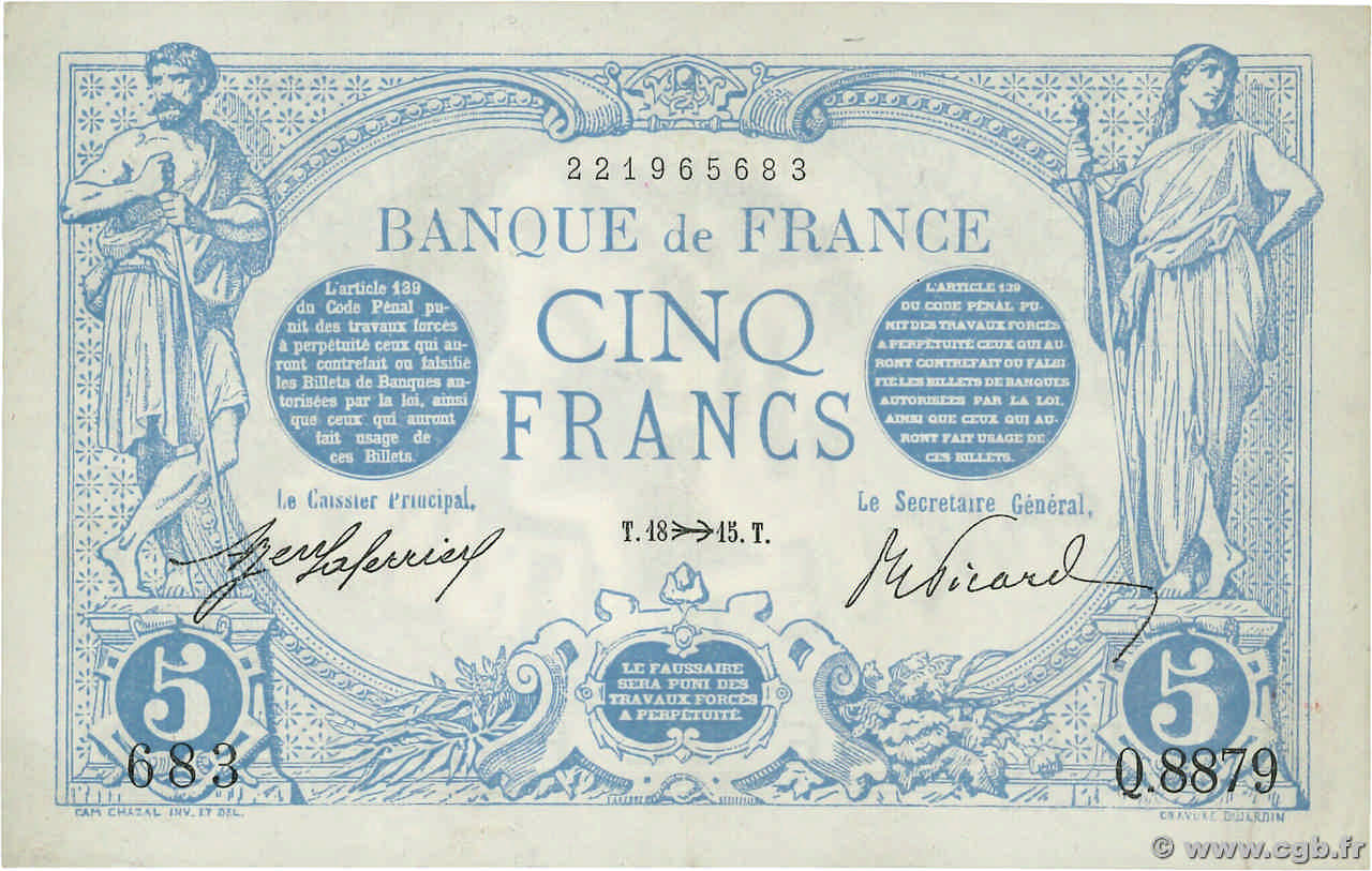 5 Francs BLEU FRANCE  1915 F.02.33 XF-