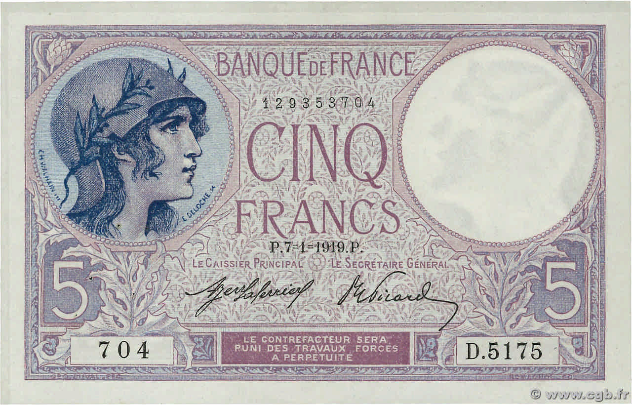 5 Francs FEMME CASQUÉE FRANCE  1919 F.03.03 pr.SUP