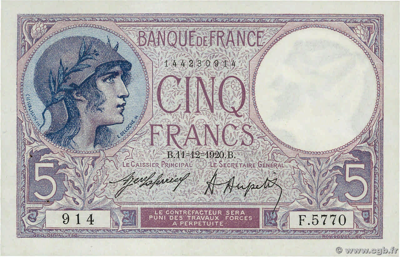 5 Francs FEMME CASQUÉE FRANCIA  1920 F.03.04 SC
