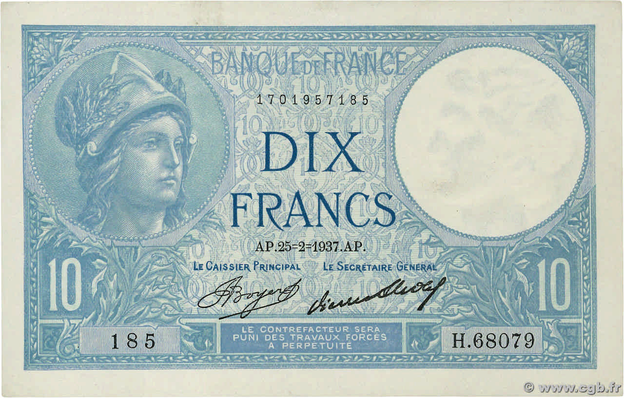 10 Francs MINERVE FRANCE  1937 F.06.18 SPL