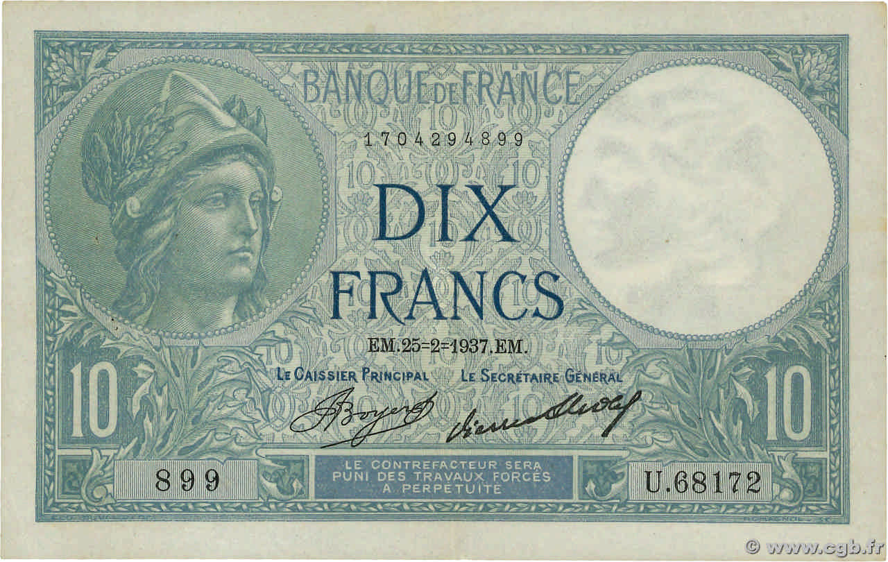 10 Francs MINERVE FRANCE  1937 F.06.18 VF