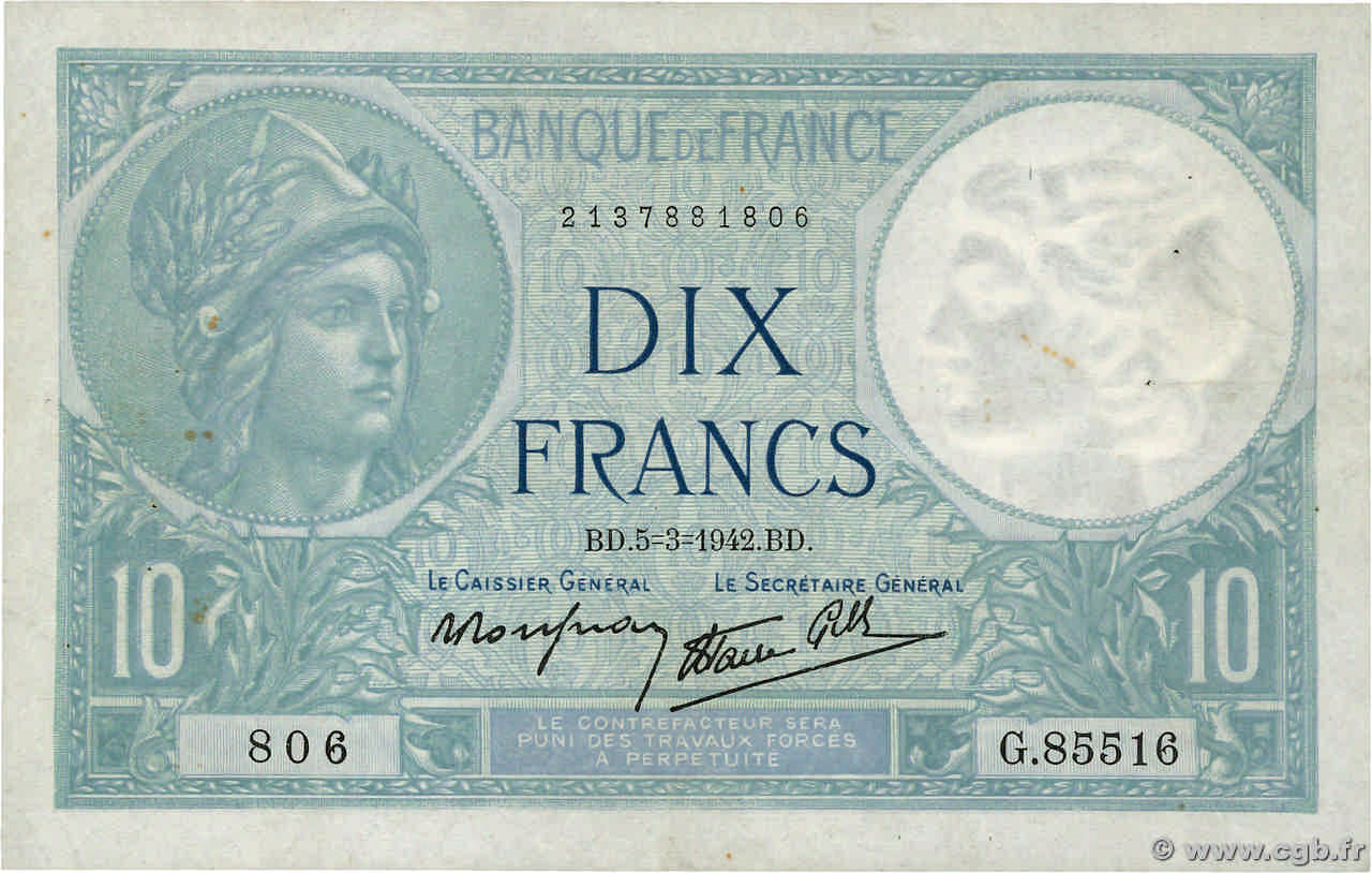 10 Francs MINERVE modifié FRANKREICH  1942 F.07.31 fSS