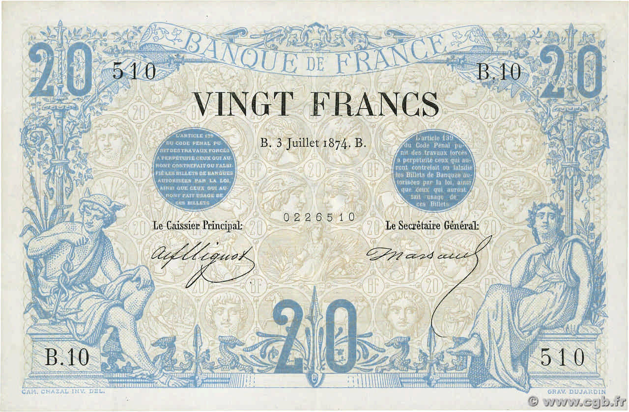 20 Francs NOIR FRANCE  1874 F.09.01 SUP