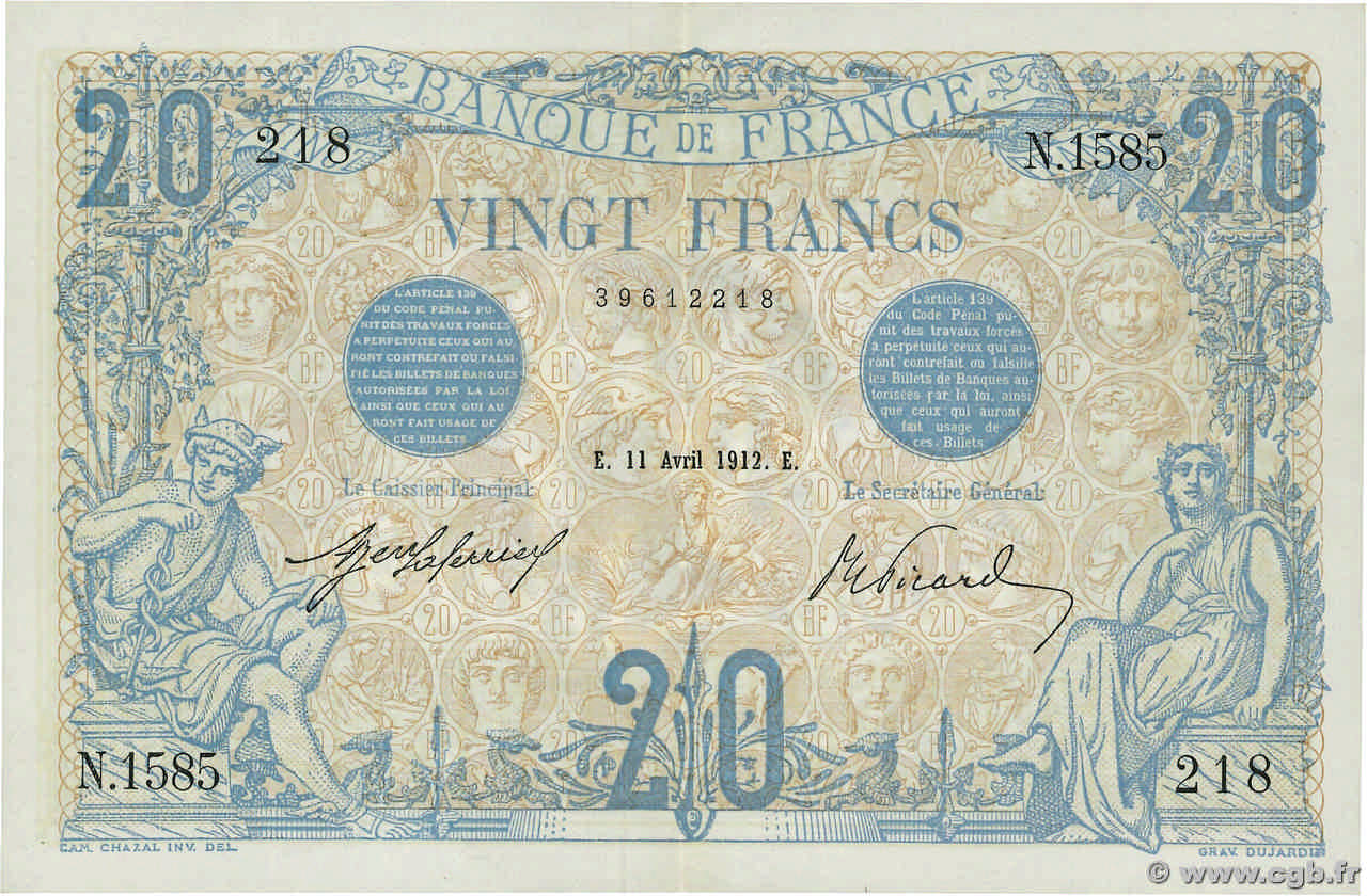 20 Francs BLEU FRANCIA  1912 F.10.02 MBC