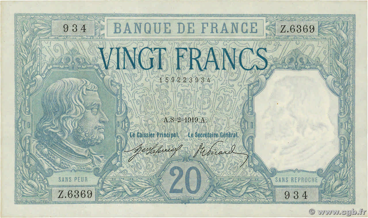 20 Francs BAYARD FRANCE  1919 F.11.04 XF+