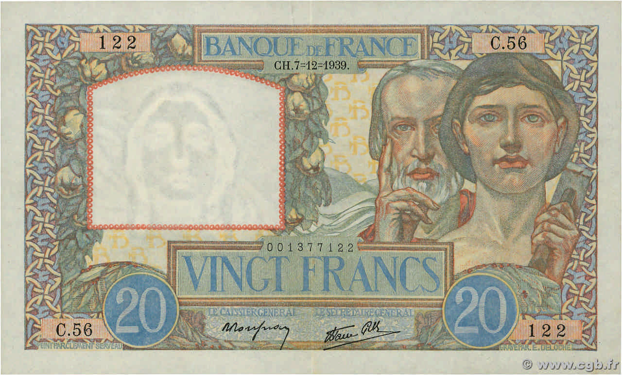 20 Francs TRAVAIL ET SCIENCE FRANCE  1939 F.12.01 XF