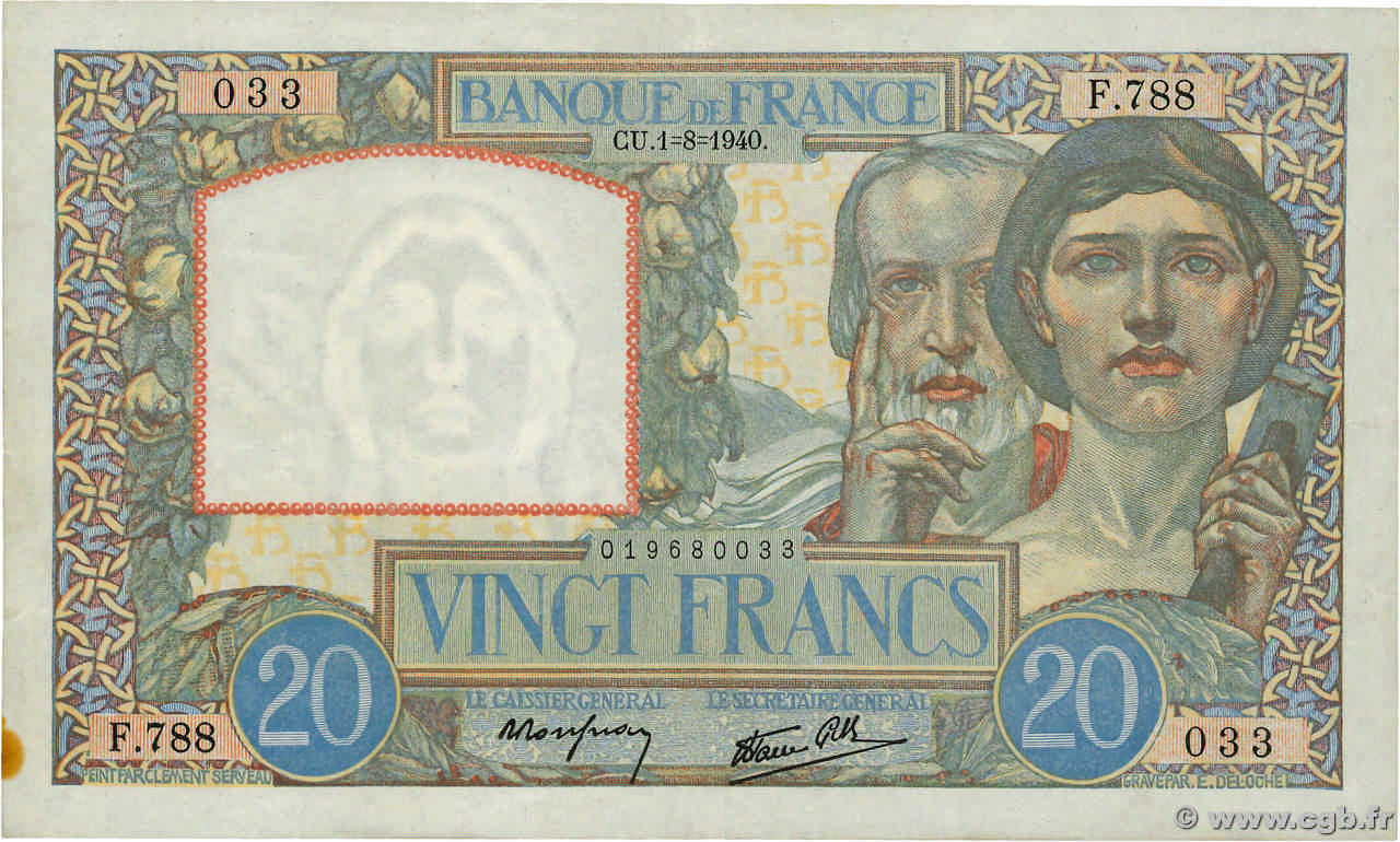 20 Francs TRAVAIL ET SCIENCE FRANCE  1940 F.12.05 VF+