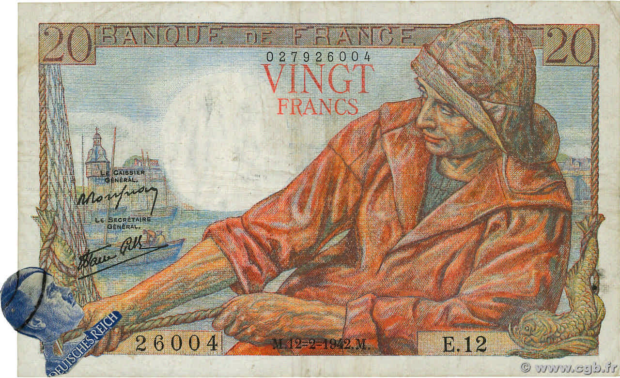 20 Francs PÊCHEUR FRANCE  1942 F.13.01 pr.TTB