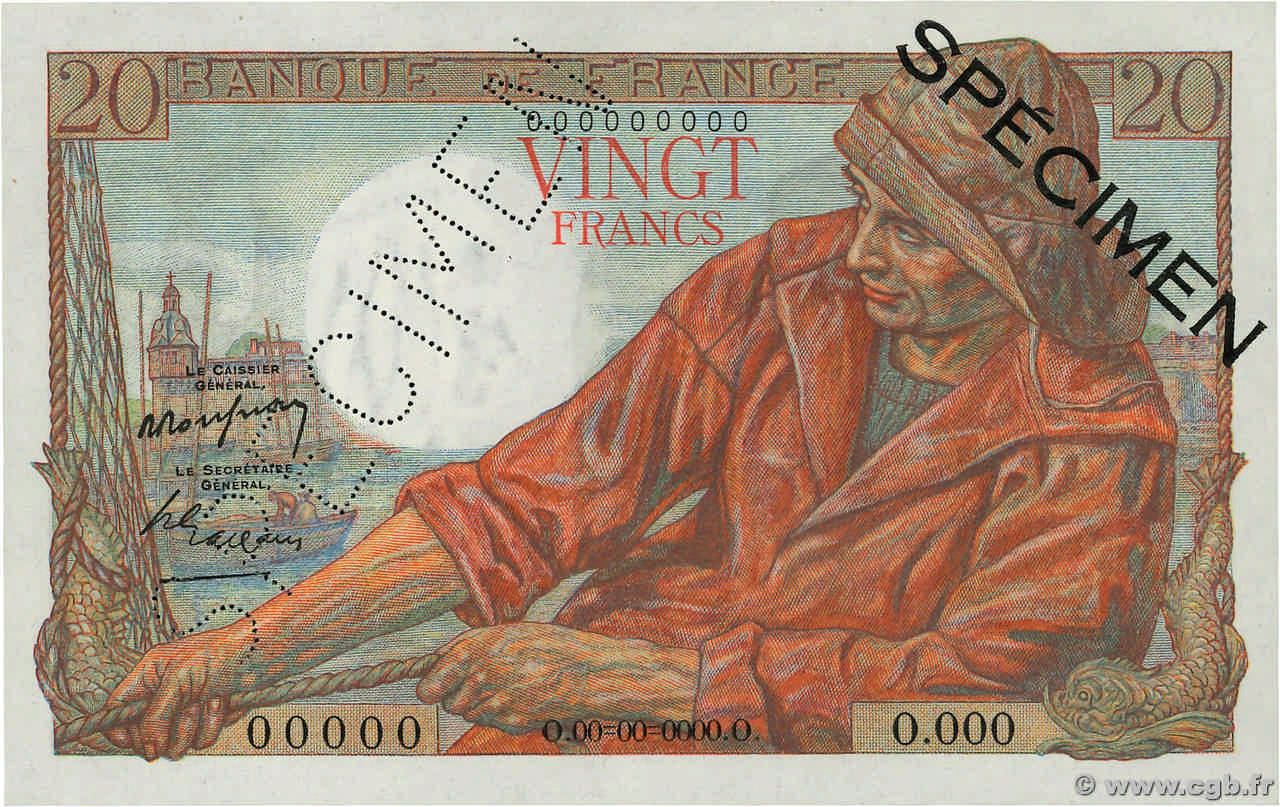 20 Francs PÊCHEUR Spécimen FRANCIA  1948 F.13.12Spn SC+