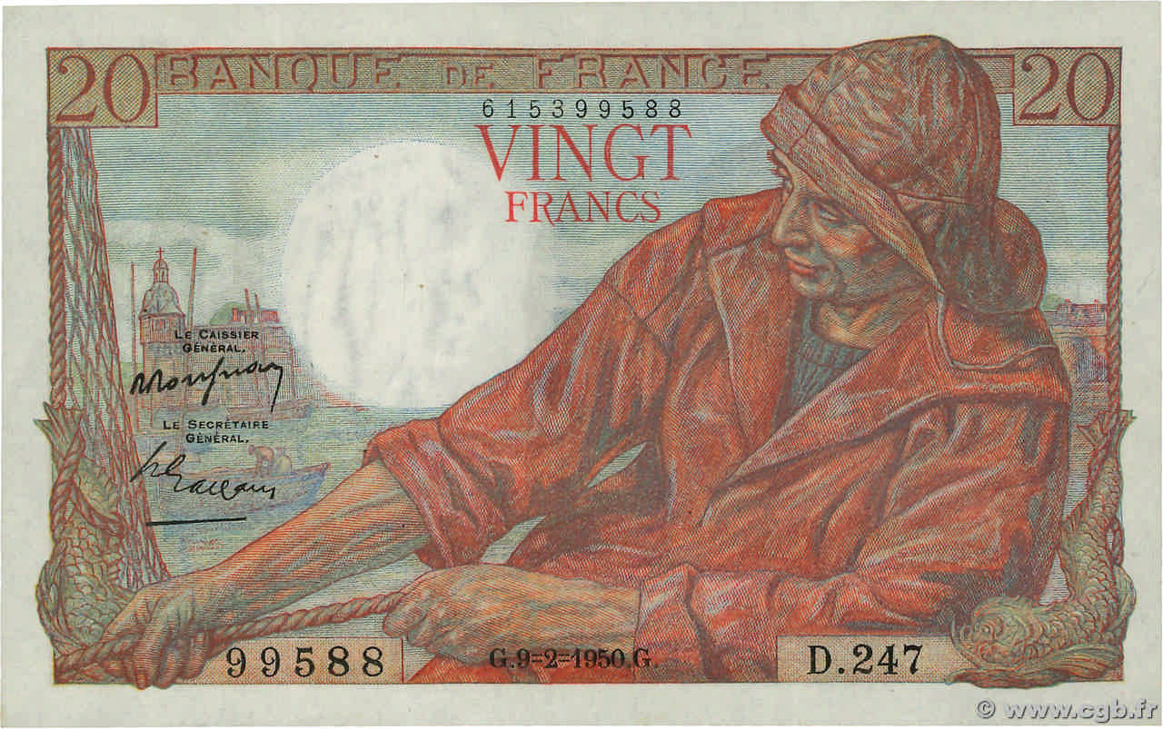 20 Francs PÊCHEUR FRANCE  1950 F.13.17a VF