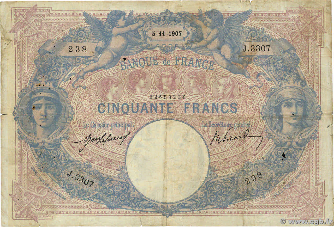 50 Francs BLEU ET ROSE FRANCE  1907 F.14.20 VG