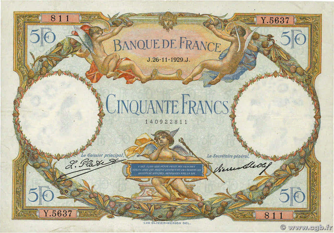 50 Francs LUC OLIVIER MERSON FRANCIA  1929 F.15.03 MBC+