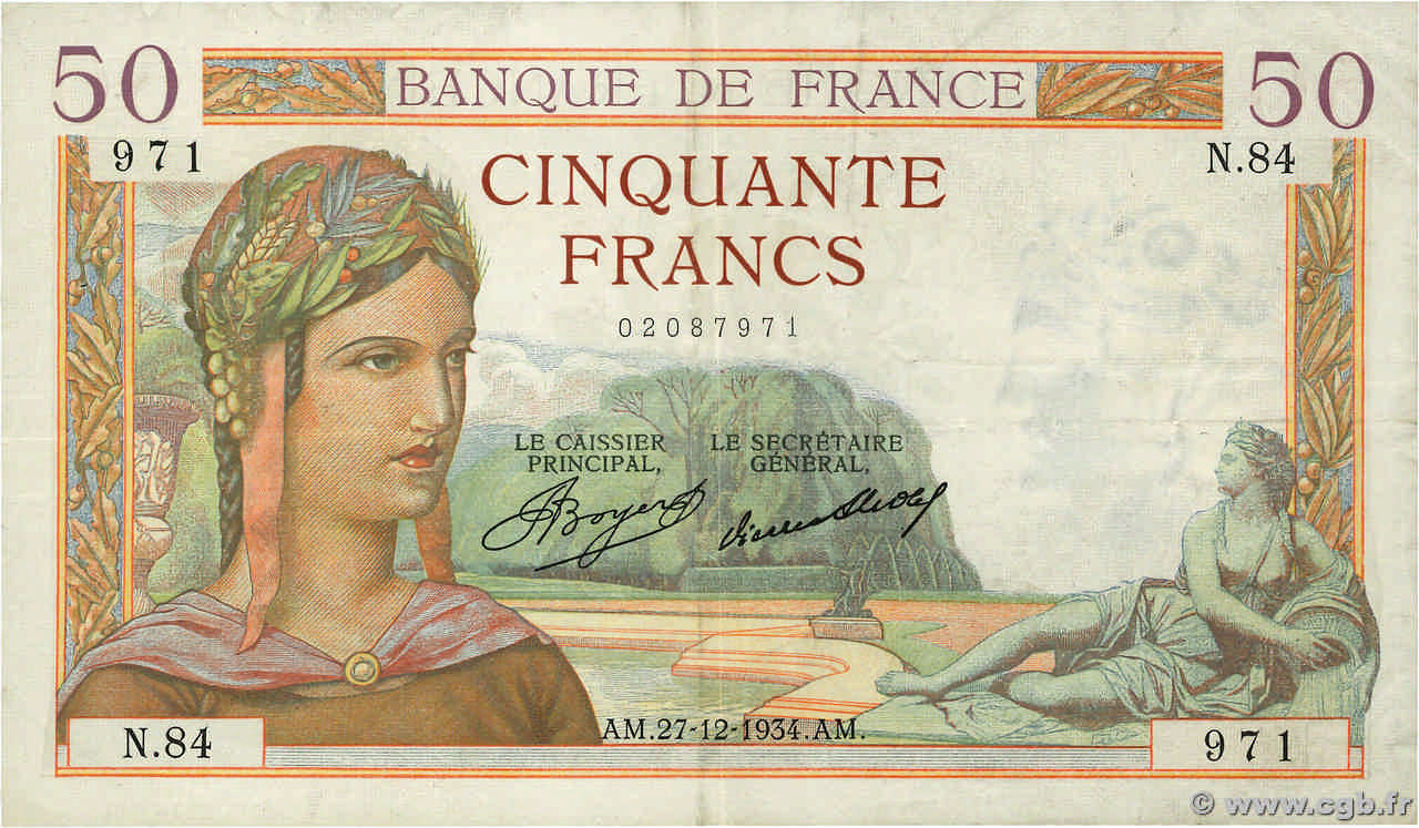 50 Francs CÉRÈS FRANCE  1934 F.17.02 VF+