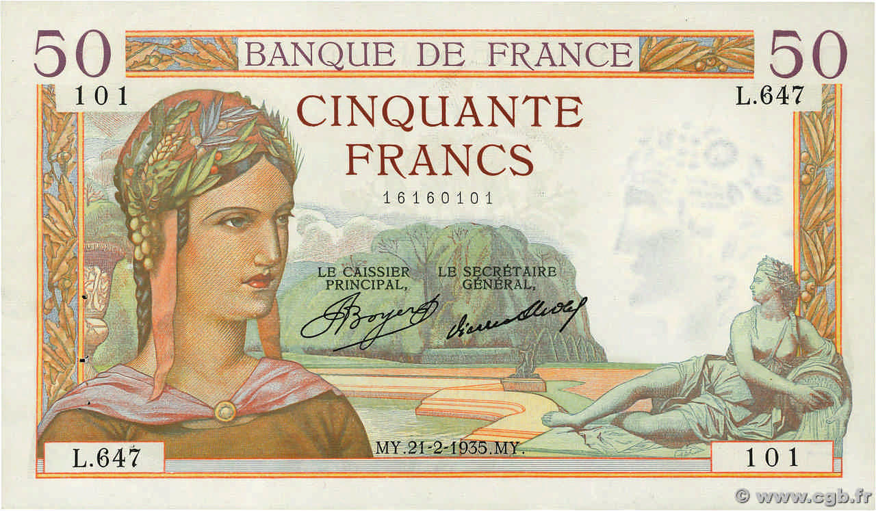 50 Francs CÉRÈS FRANCIA  1935 F.17.04 SPL+