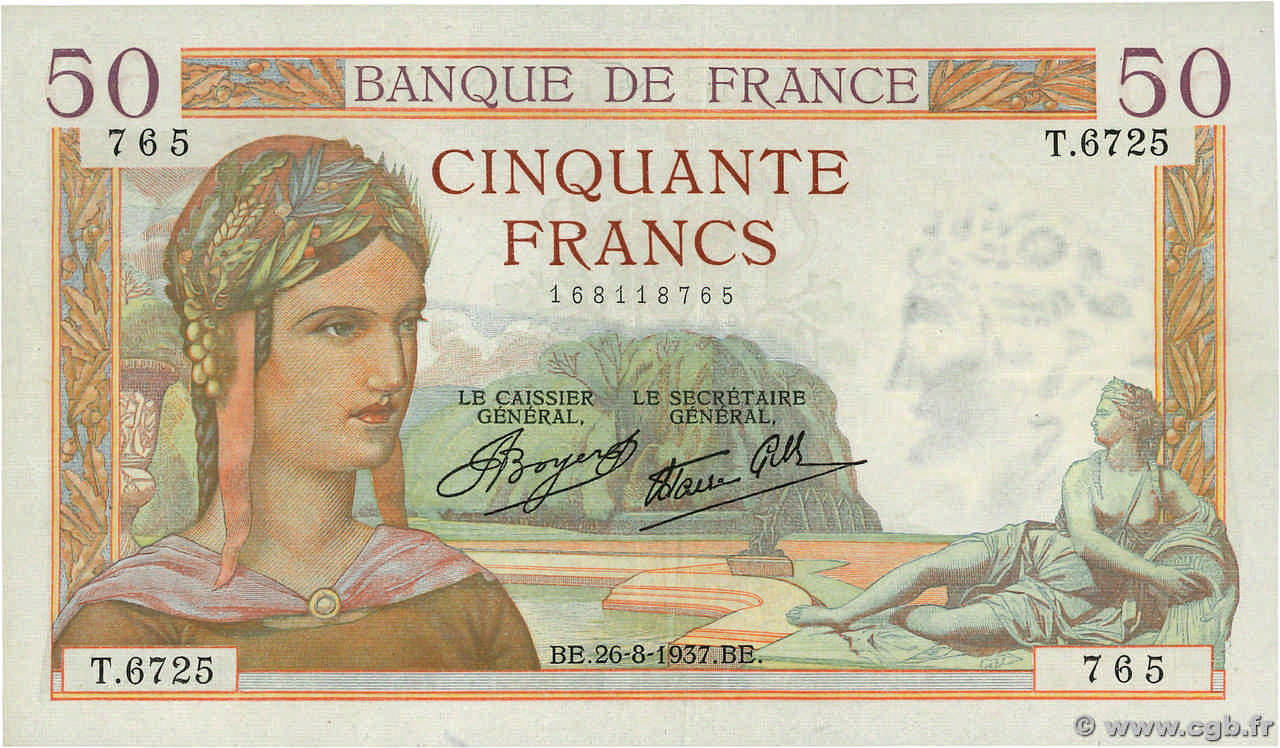 50 Francs CÉRÈS modifié FRANCE  1937 F.18.02 SUP