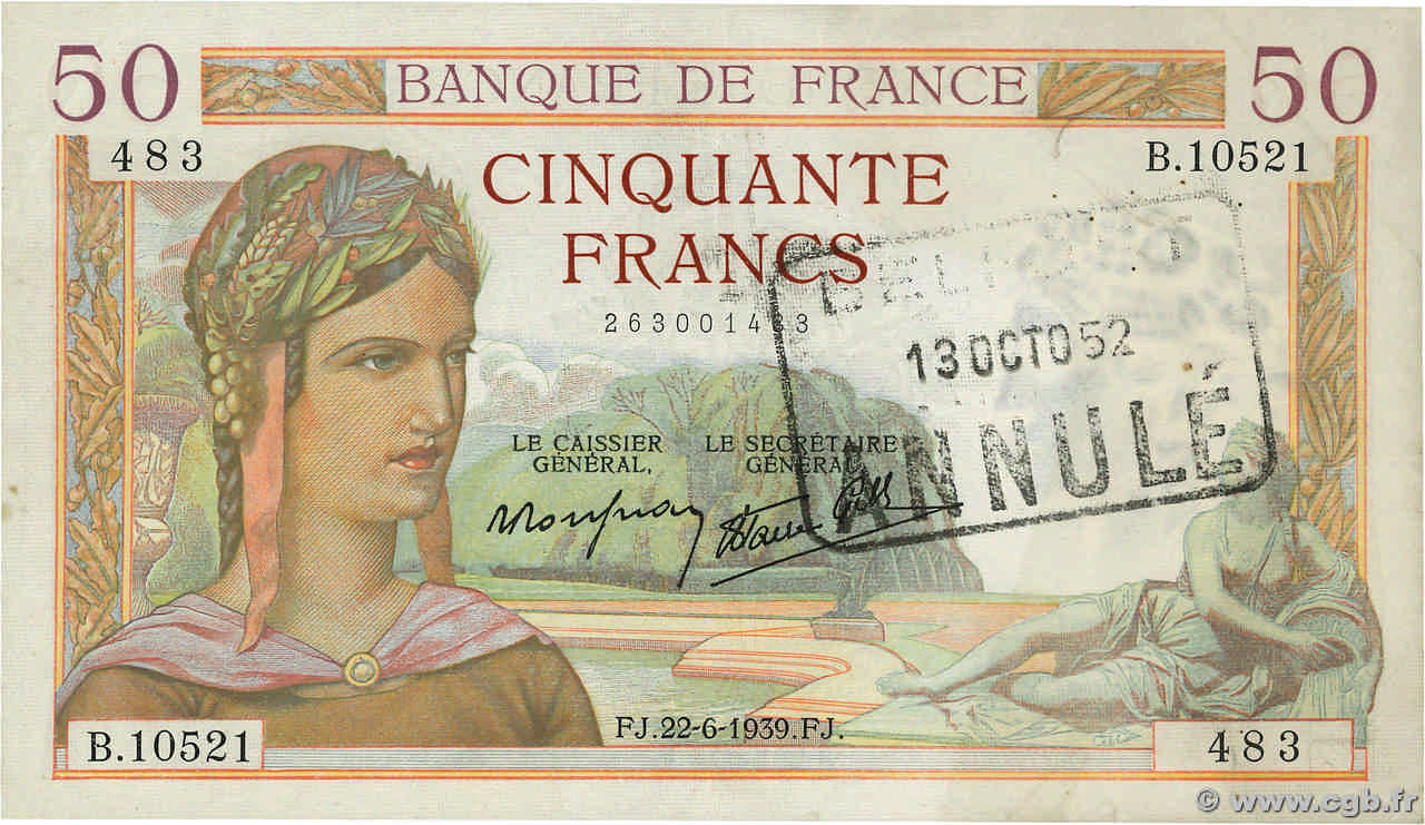 50 Francs CÉRÈS modifié Annulé FRANCE  1939 F.18.27 XF+