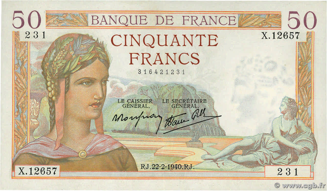 50 Francs CÉRÈS modifié FRANCE  1940 F.18.39 pr.SPL