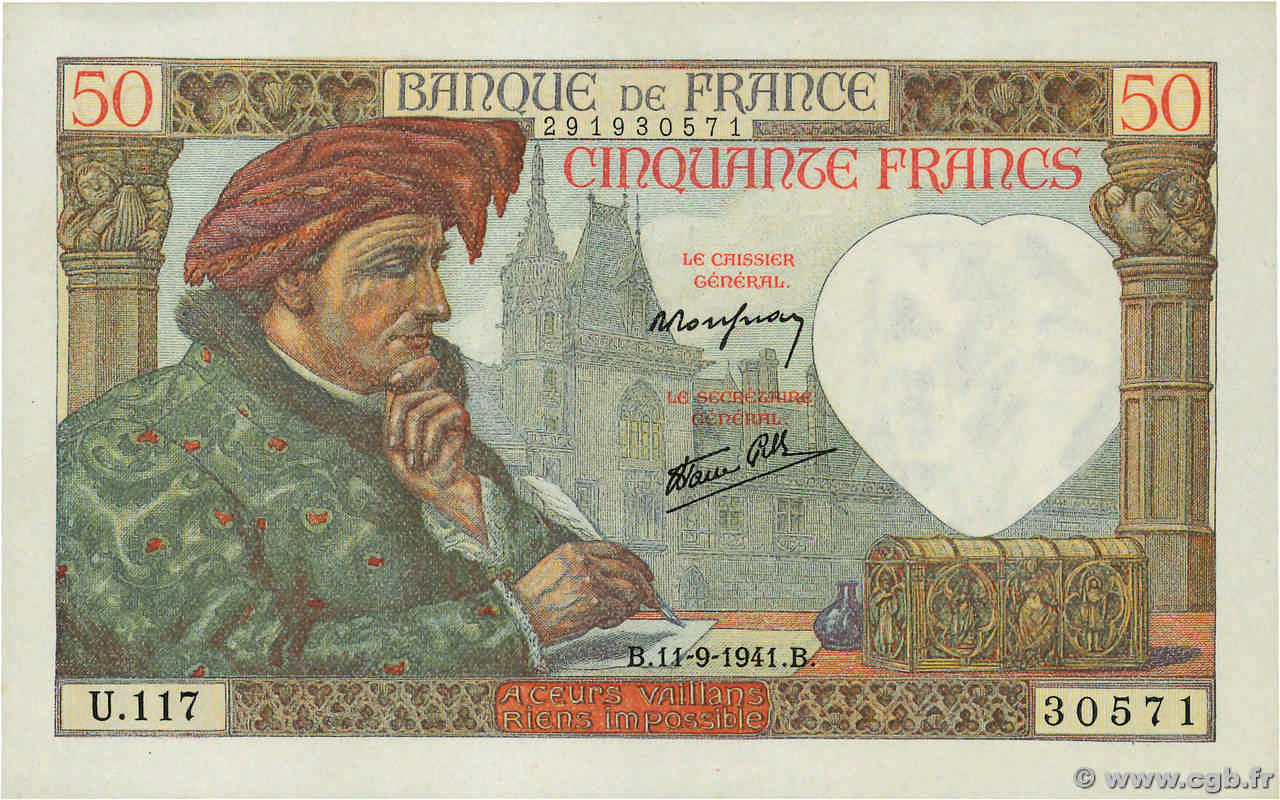 50 Francs JACQUES CŒUR FRANCE  1941 F.19.14 UNC