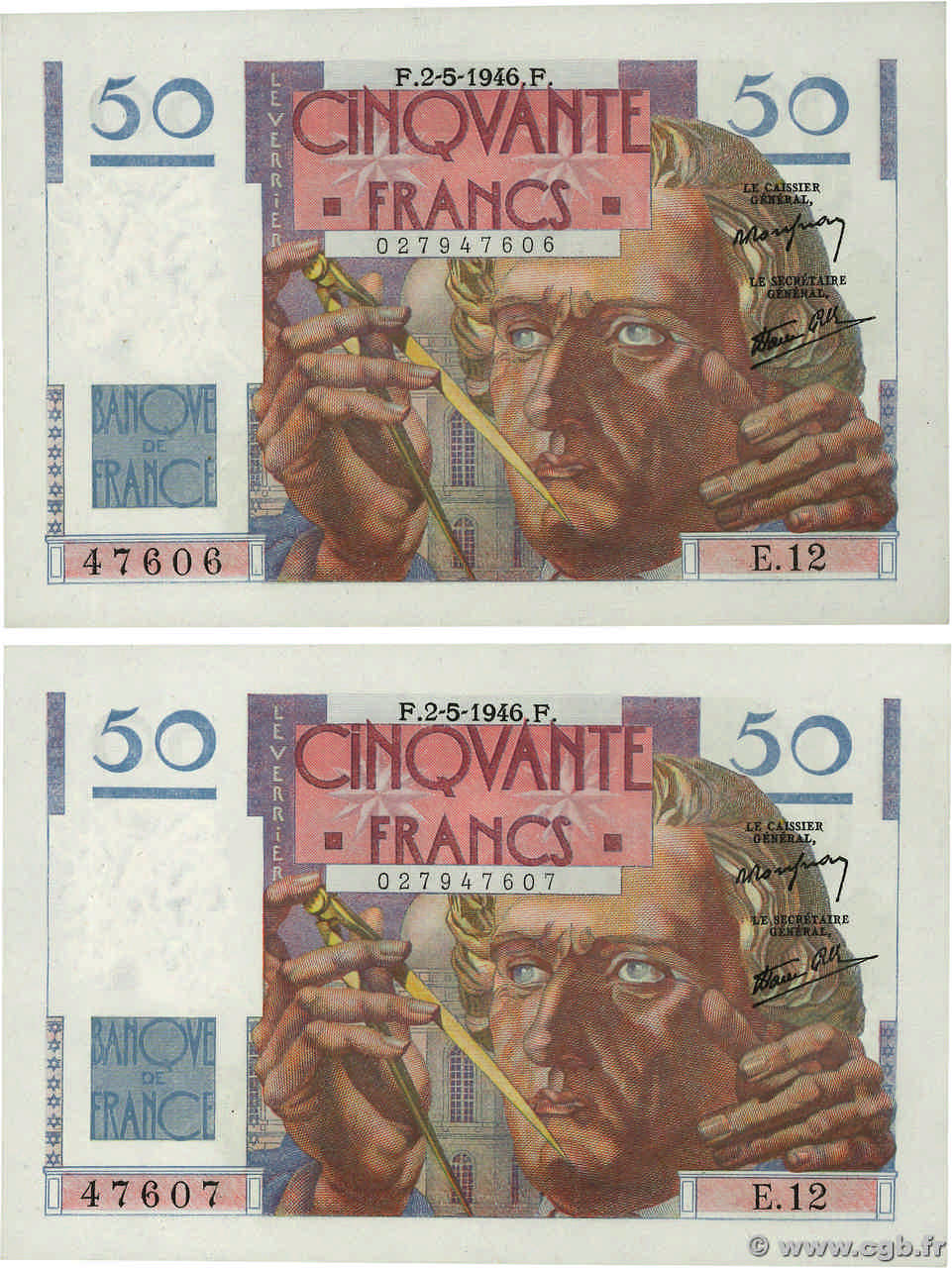 50 Francs LE VERRIER Consécutifs FRANCE  1946 F.20.03 UNC-