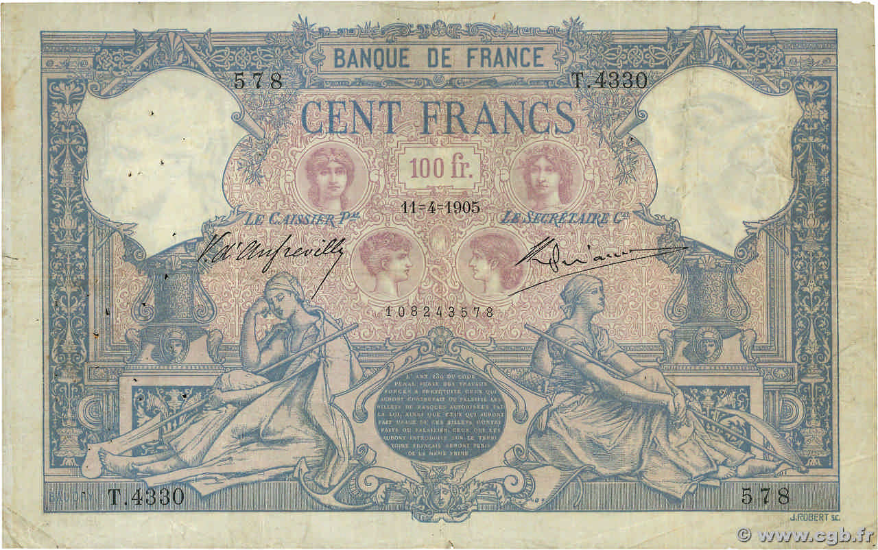 100 Francs BLEU ET ROSE FRANCIA  1905 F.21.19 RC+
